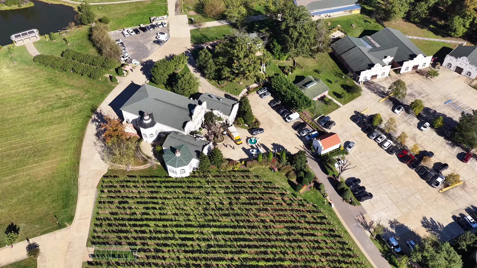 Straight down over the winery's white buildings and grey roofs, the rows of the vineyard running beside them