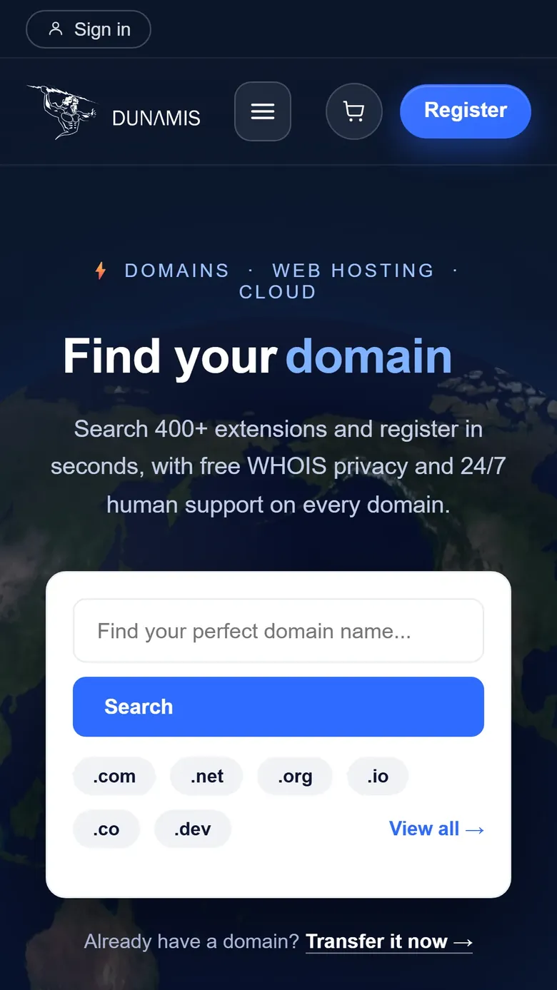 Dunamis Hosting at 390 pixels: one column, the domain search first