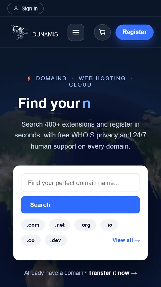 The Dunamis home page reflowed to phone width, domain search first
