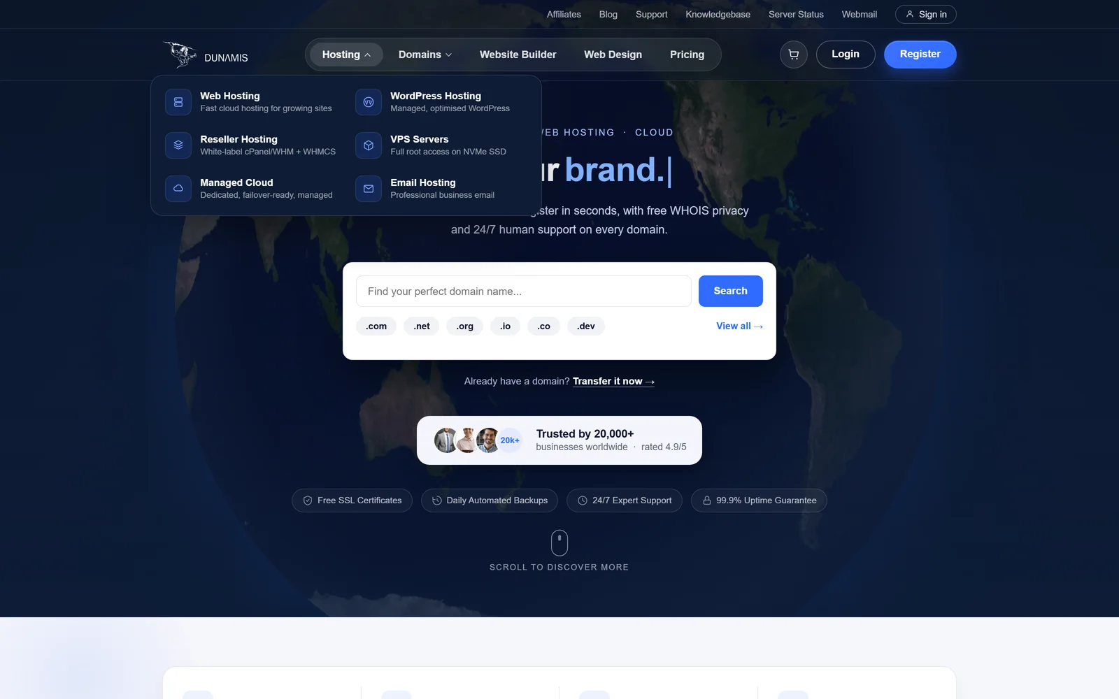 The Dunamis product navigation open, showing six hosting lines with descriptions