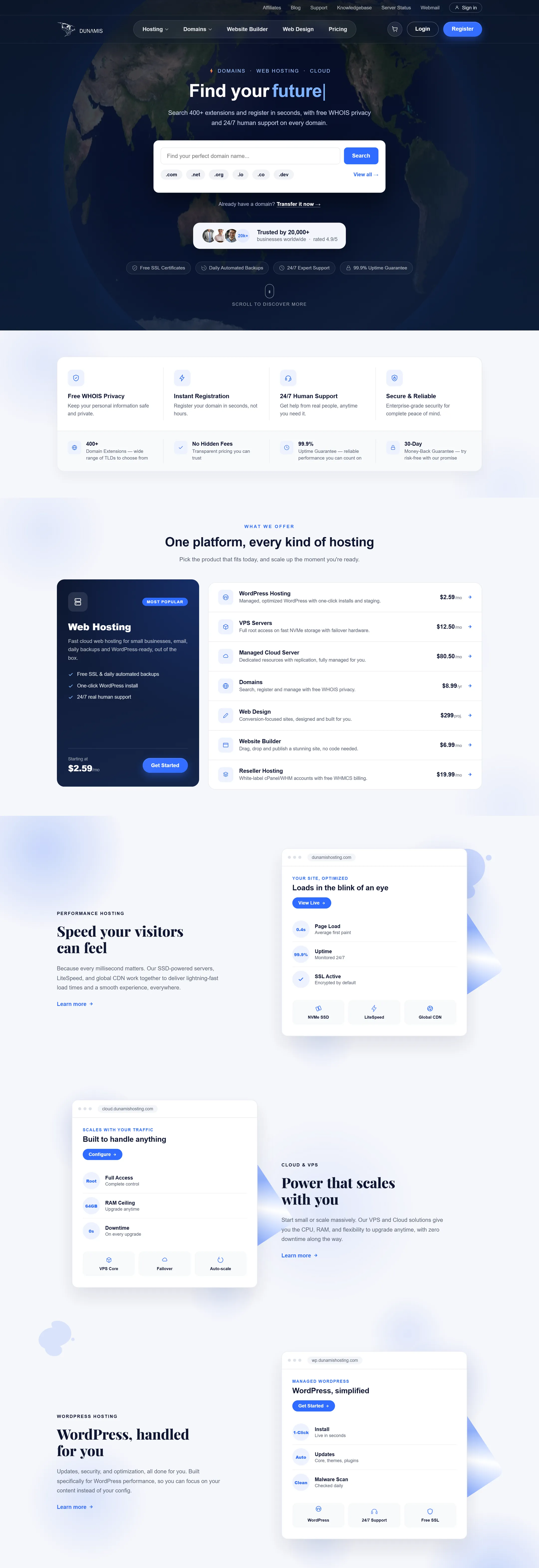 The Dunamis Hosting homepage at desktop width, from its hero down through the six product lines and feature sections, designed and built by Lion Creatives