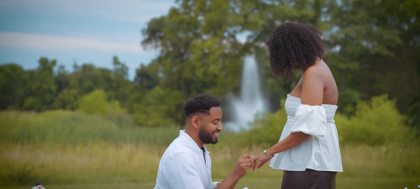 On one knee in the long grass, the ring going onto her finger, a fountain behind them