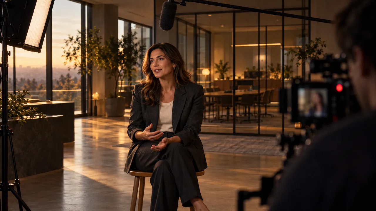 A founder interviewed for a brand film in a modern office at golden hour, a key light, a boom microphone and the camera in frame.