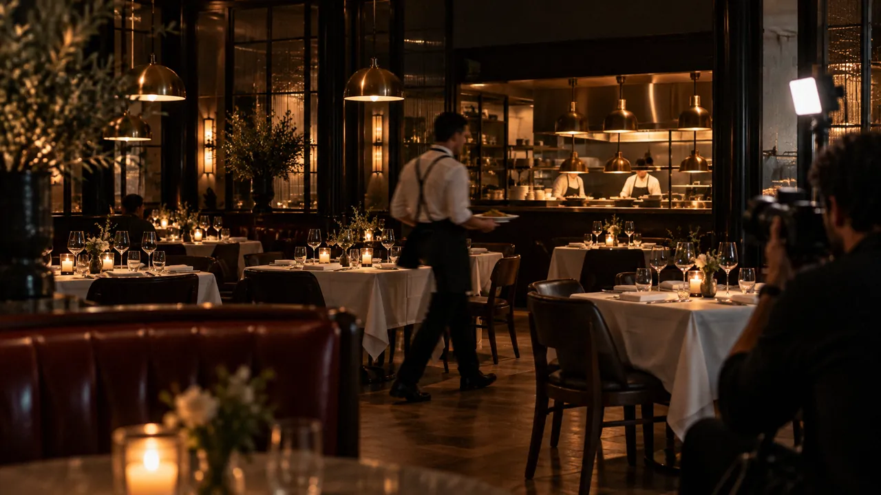 A restaurant at evening service: a server crossing between white-linen tables, chefs at the pass behind and a photographer with a small light at the edge.