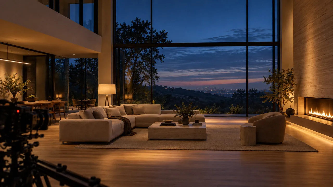 A living room at blue hour: a sofa under a lit floor lamp, a fire along one wall, city lights beyond tall windows and a film camera in the foreground.