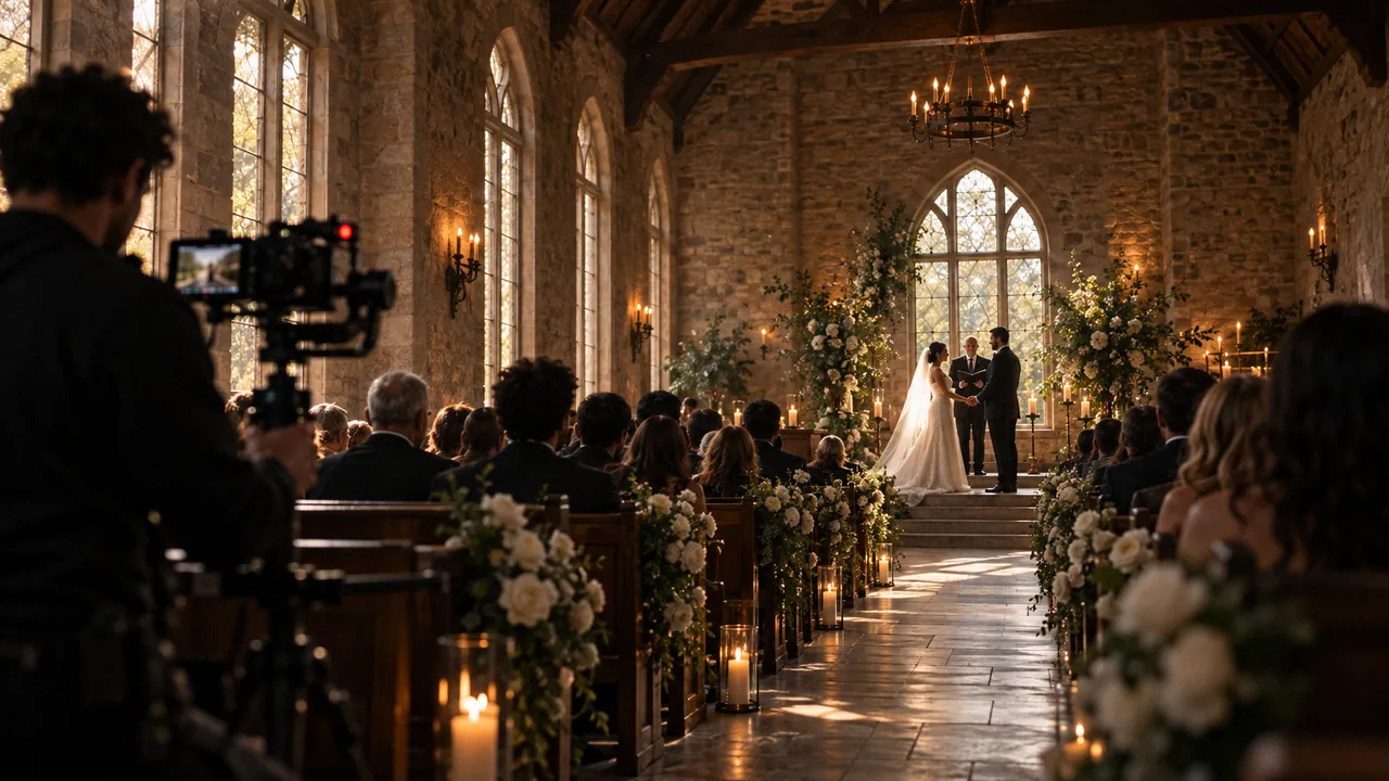 A wedding ceremony filmed in a stone chapel: the couple at the altar in late-afternoon light, guests in the pews and a videographer with a gimbal at the aisle.