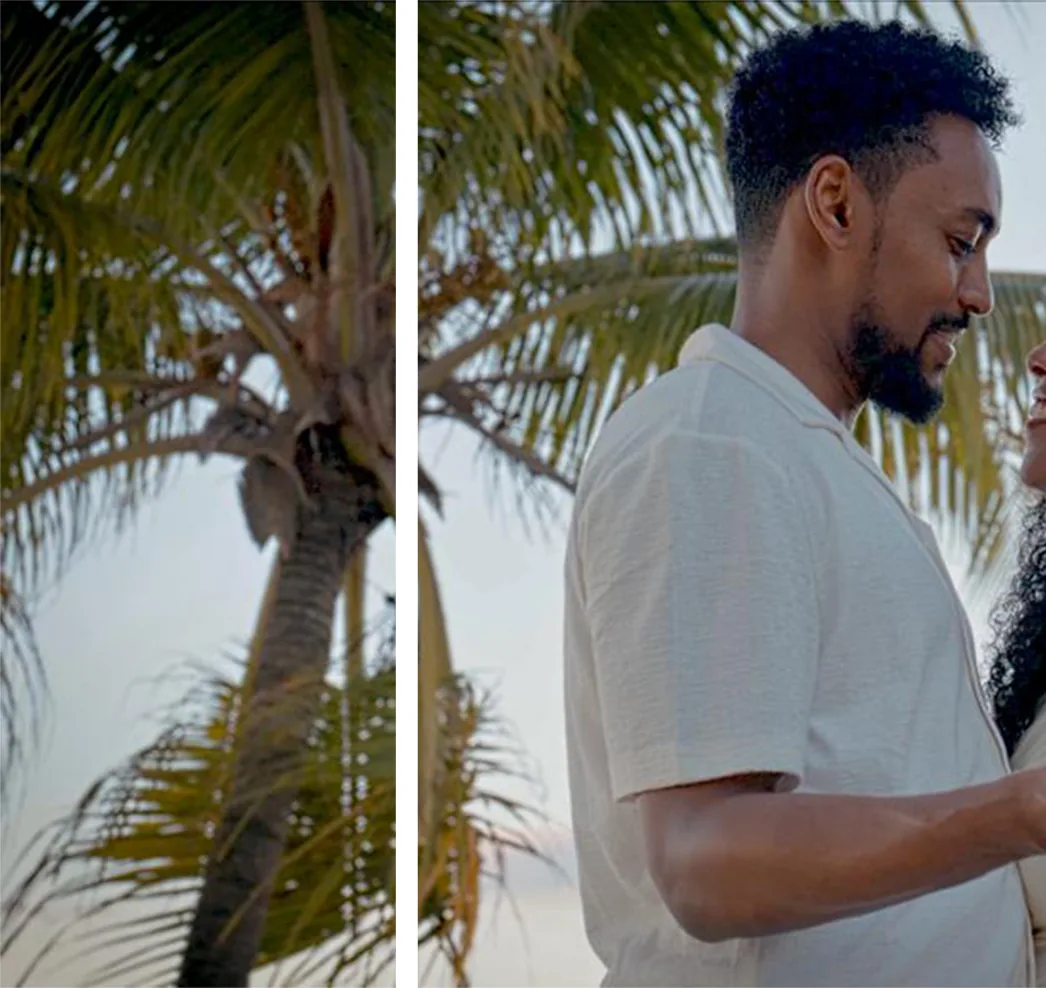Two panels in one frame: a palm trunk against the sky, and one of the couple in profile, looking down