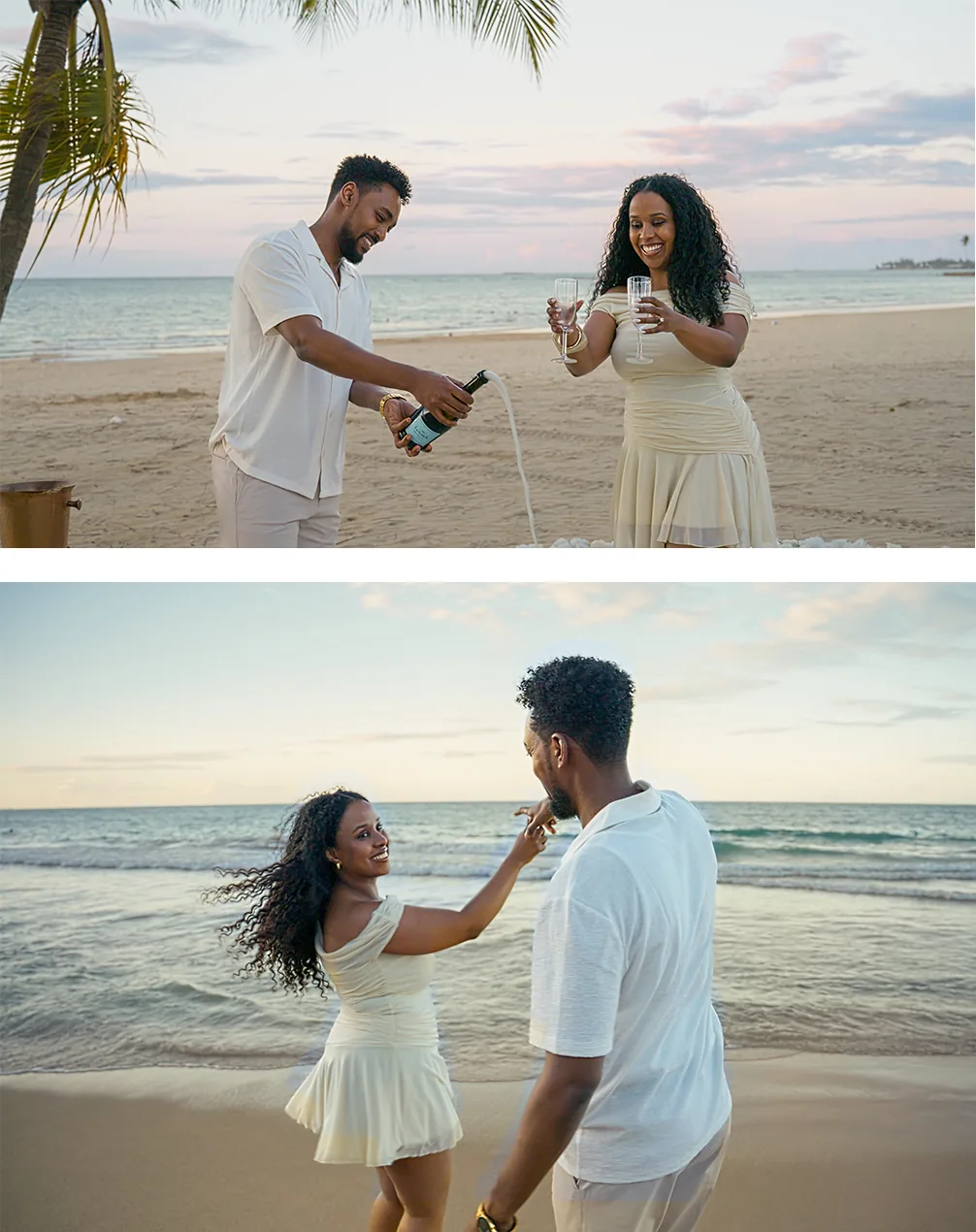 Two pictures in one frame: champagne opened as two glasses are held out, then the couple dancing at the water's edge