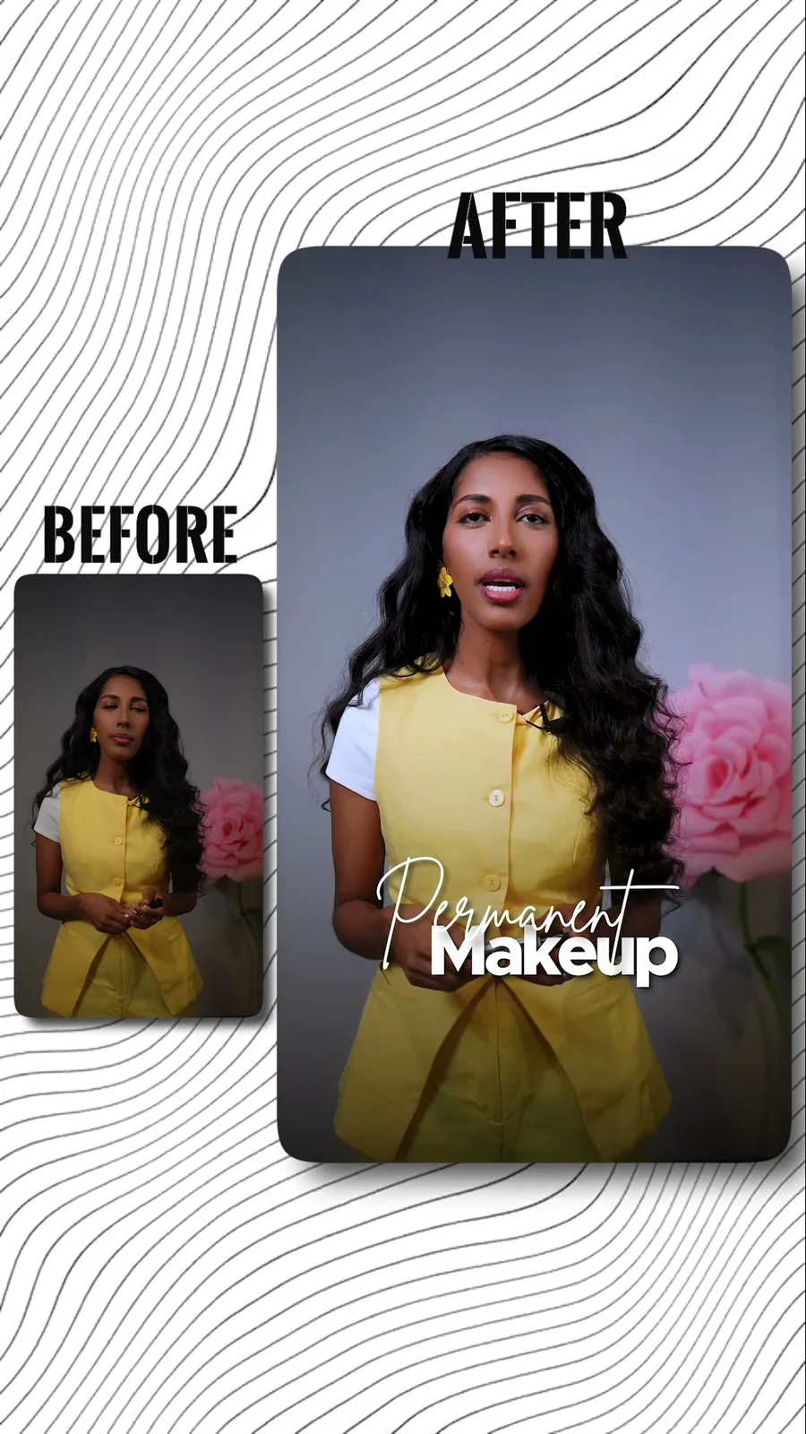 A brow artist presenting to camera in a styled studio set, with animated titles